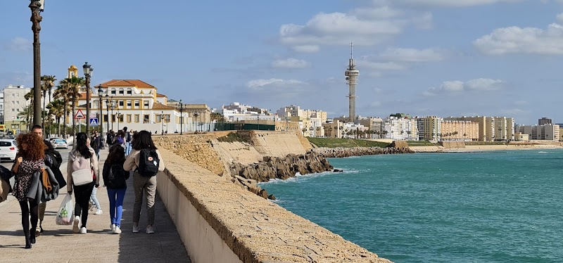 People stroll along a waterfront promenade with historic buildings on the left and a tall communications tower in the distance. The ocean shimmers under a partly cloudy sky, while visitors consult their trusty travel map to explore every charming corner.