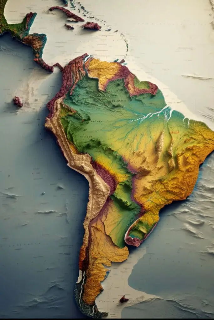 Topographic map of South America and parts of North America, depicting various elevations and terrain features in different colors. Topographic map of South America and parts of North America, depicting various elevations and terrain features in different colors.