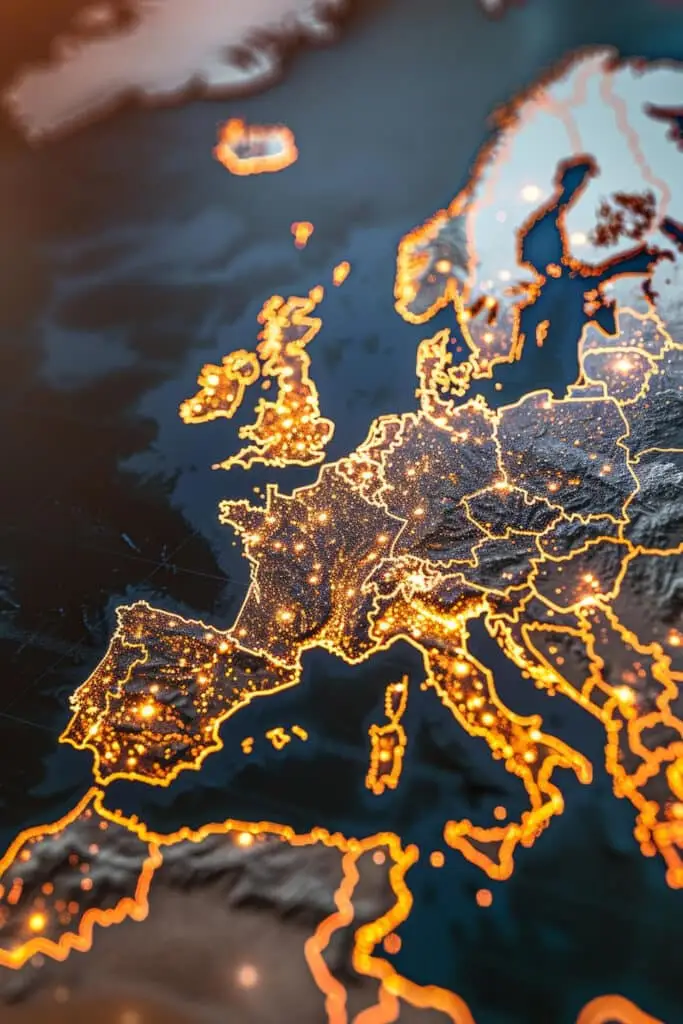A topographic map of Europe at night, highlighting cities with bright yellow-orange lights, showing population density and urban areas. A topographic map of Europe at night, highlighting cities with bright yellow-orange lights, showing population density and urban areas.