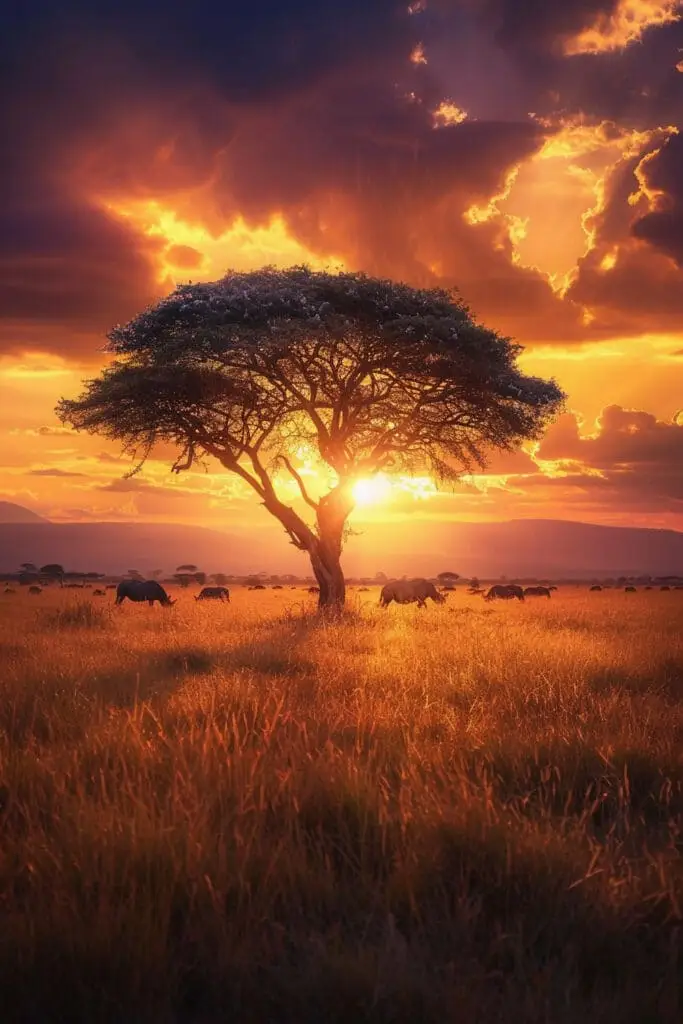 Sunset over an African savanna, with silhouetted acacia tree and grazing wildebeest. Cloud-filled sky is illuminated in orange and purple hues. Sunset over an African savanna, with silhouetted acacia tree and grazing wildebeest. Cloud-filled sky is illuminated in orange and purple hues.
