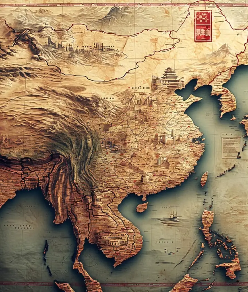 Antique map depicting East Asia, showing detailed topography, cities, and seas with decorative illustrations and an ornate border. Antique map depicting East Asia, showing detailed topography, cities, and seas with decorative illustrations and an ornate border.
