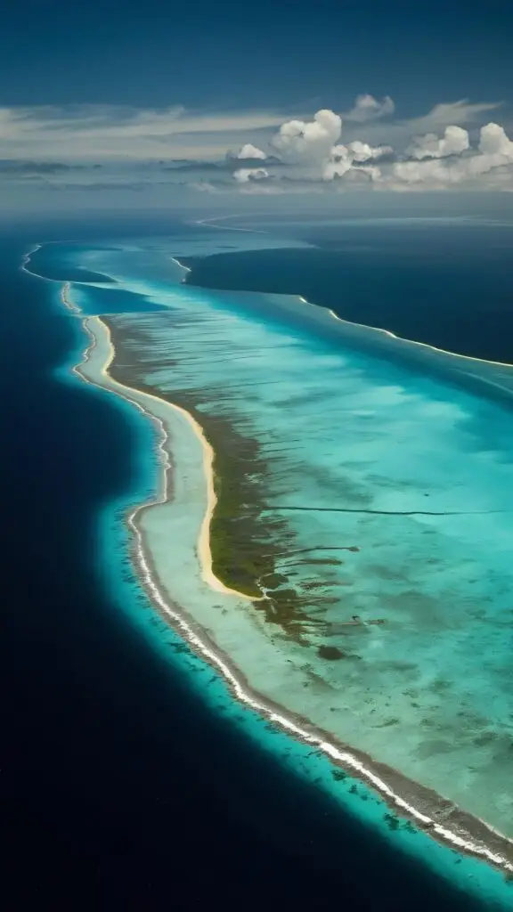 Aerial view of a long, narrow island with white sandy beaches and turquoise water, surrounded by deep blue ocean under a cloudy sky. Aerial view of a long, narrow island with white sandy beaches and turquoise water, surrounded by deep blue ocean under a cloudy sky of oceania
