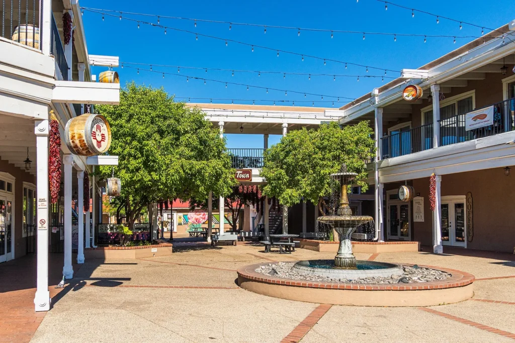 Historic adobe streetscape in Old Town Albuquerque