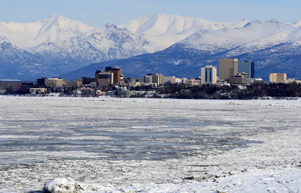 Anchorage with the Chugach Mountains rising behind the city