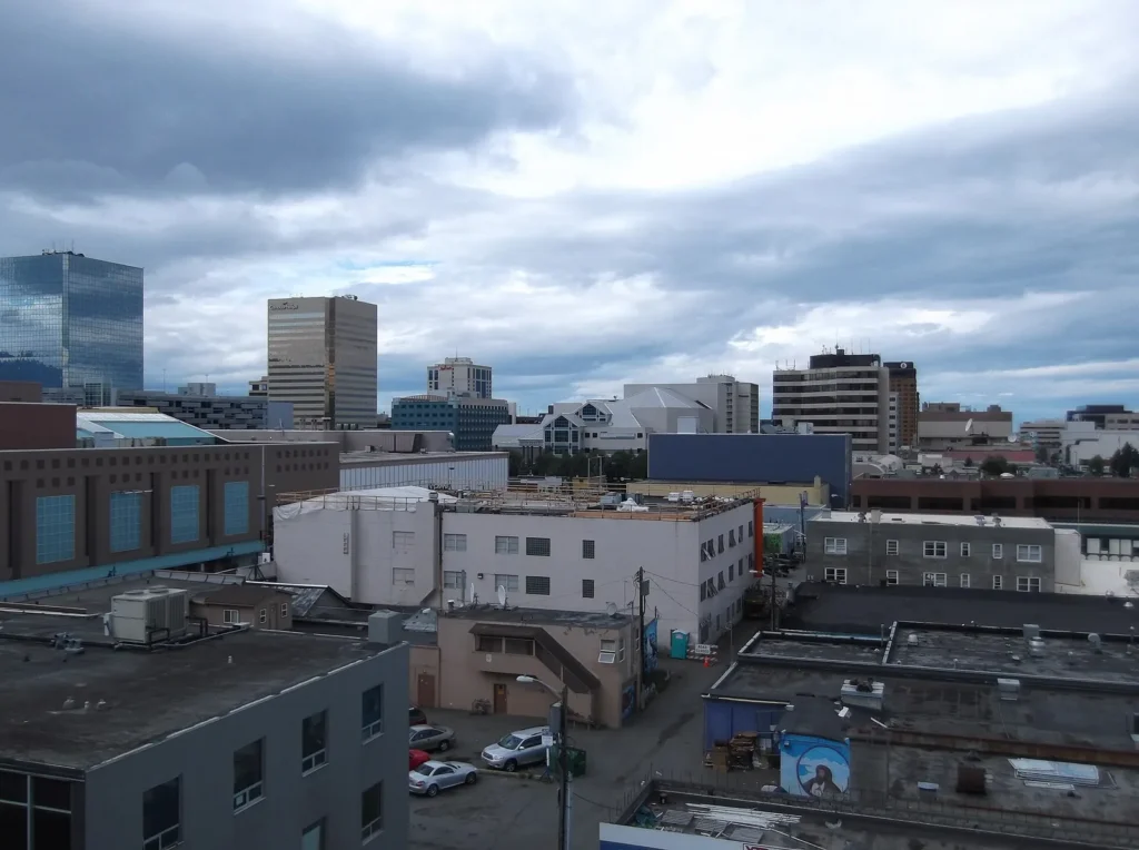 Downtown Anchorage skyline with the city grid and surrounding landscape