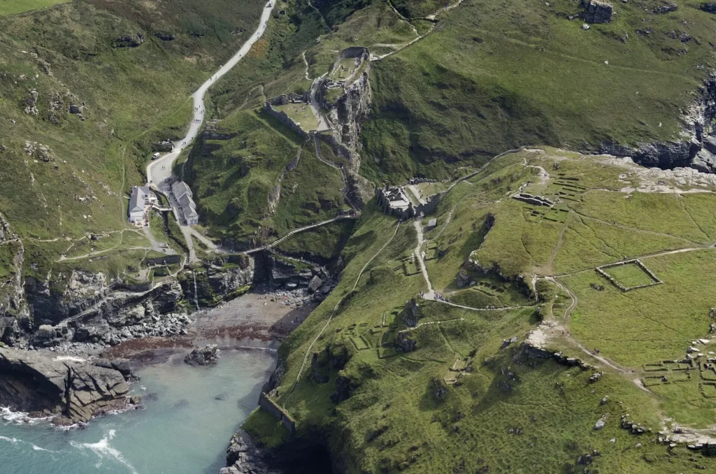 Aerial view of Tintagel village and castle headland in north Cornwall